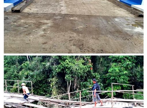 Jembatan Siwau di Barito Utara, kini bisa dilalui (gambar atas). Saat masih jembatan darurat (gambar bawah)