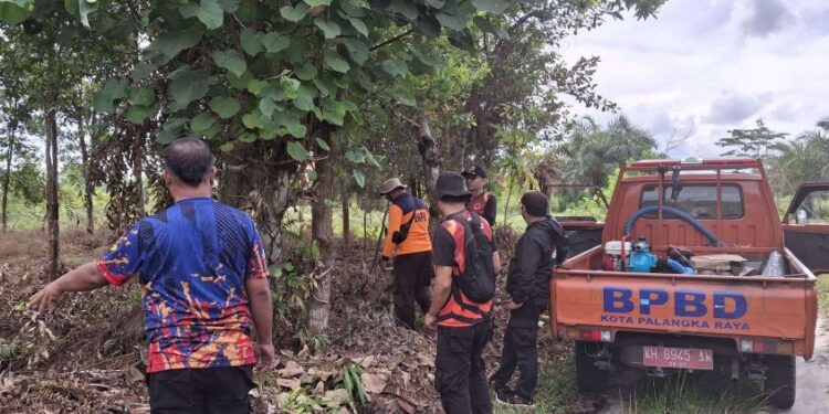Petugas BPBD Palangka Raya saat memadamkan api di salah satu lahan (foto: Ist)